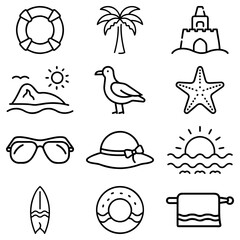Line art illustration of beach themed icons including a palm tree and a starfish and other items