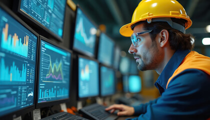 Engineer analyzes data factory control room monitors. Man wears hard hat safety glasses examines complex information on computer screens in industrial plant. Pro operator manages equipment.