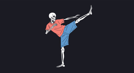 Obraz premium Skeletal Warrior Performing Dynamic High Kick Demonstrating Martial Arts Prowess and Energetic Movement on a Dark Background