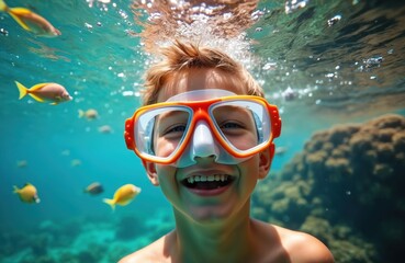 Fototapeta premium Happy boy with diving mask swims underwater with colorful fishes. Boy snorkeling in transparent ocean explores tropical marine life, fun during summer vacation at beach. Enjoying diving in clear