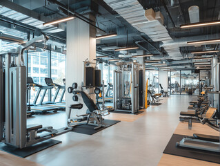 Fototapeta premium Modern Gym Interior with Fitness Equipment and Clean Layout