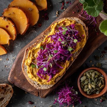 Artisan bread with pumpkin butter and red cabbage sprouts, surrounded by herbs and pumpkin slices