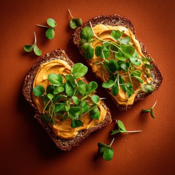 Rye bread with spiced pumpkin cream and pea sprouts on orange background