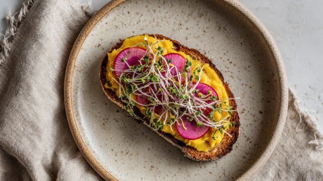 Sourdough bread slice with pumpkin puree and radish sprouts on ceramic plate