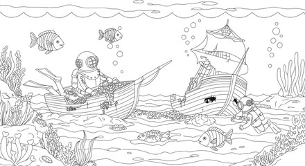 Obraz premium Undersea Adventure Diver, Shipwreck, and Colorful Fish Coloring Page