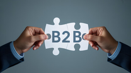 A minimalist business concept photograph showing two hands in blue sleeves holding opposing sides of a white jigsaw puzzle piece with blue text B2B.