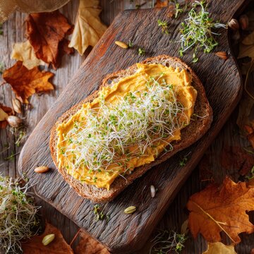 Whole grain bread with pumpkin spread and alfalfa sprouts, surrounded by autumn leaves