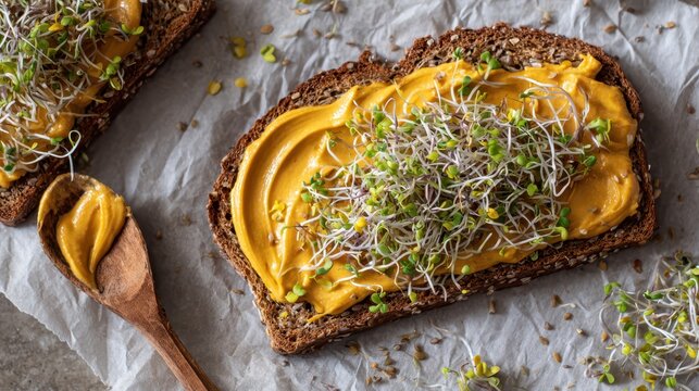 Dark rye toast with whipped pumpkin butter and fresh sprouts on parchment