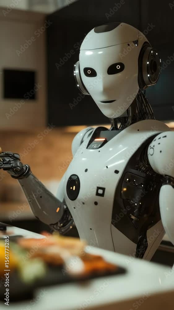 Aufkleber an android sits at a dinner table, examining a plate of sushi. the scene suggests the advancements i