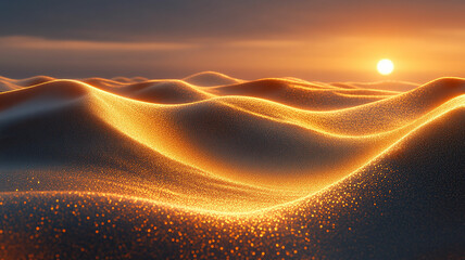 Sparkling desert dunes at sunset with a glowing sun.
Golden light illuminating shimmering sand waves.