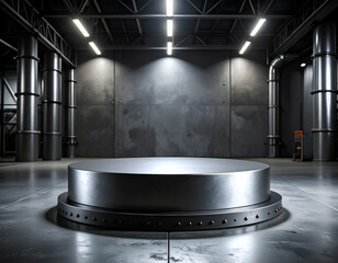 Industrial Metal Podium Gritty Warehouse Background with Bold Pipes