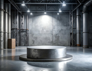 Industrial Metal Podium Raw, Gritty Warehouse Background