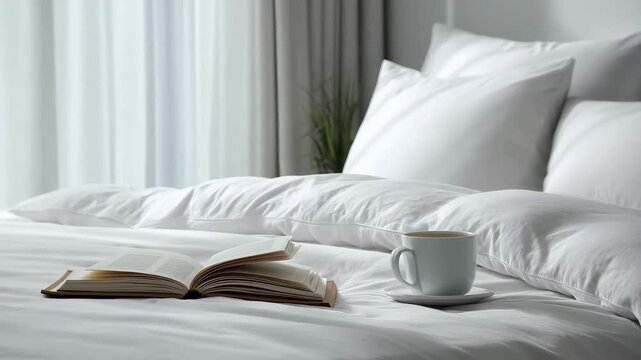 Slow Camera Pan Right with Tea Cup Gently Moving and Open Book on White Bed