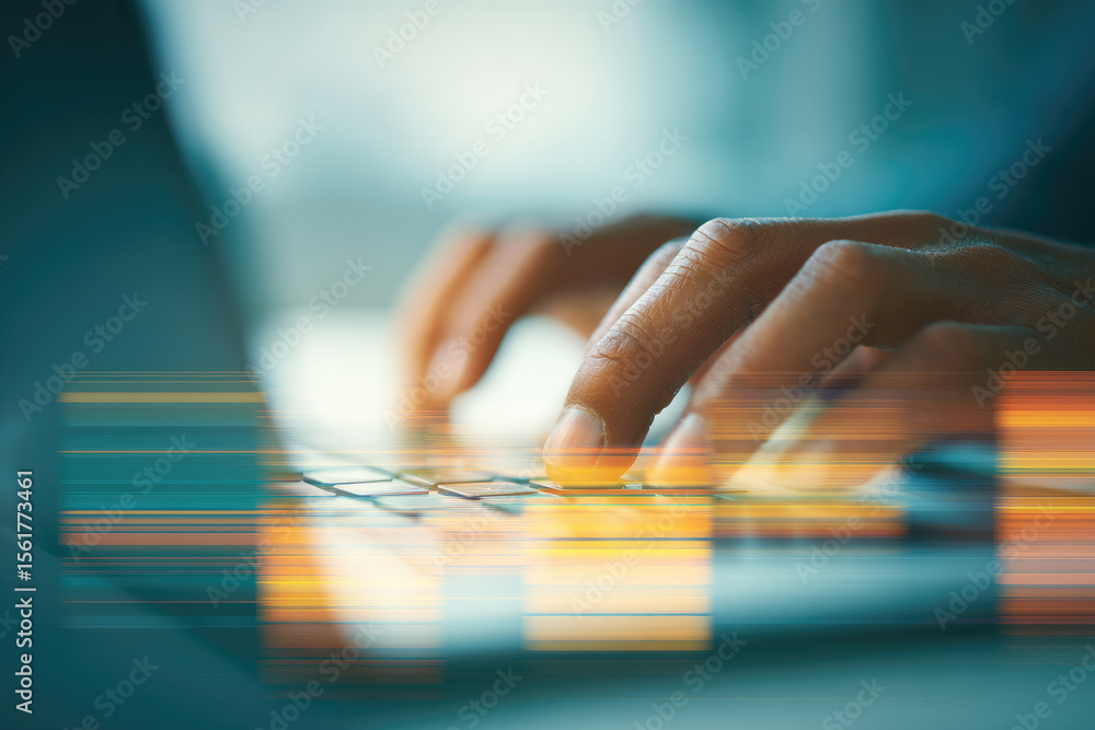 Poster typing on a laptop keyboard home office digital content creation modern workspace close-up view prod