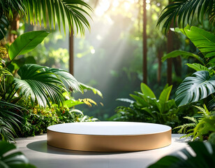 Lush Tropical Garden Display Golden Resin Podium amidst Exotic Plants