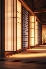 Japanese interior with shoji screens and tatami mats