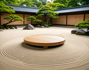 Serene Zen Garden Bamboo Podium, Raked Sand, Bonsai Trees, Eco-Sustainable Design