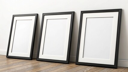 Three Blank Black Frames on Wooden Floor, Minimalist Modern Design, Mockup
