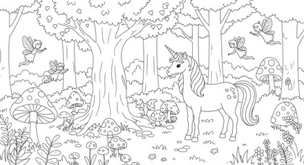 Enchanted Unicorn Forest Magical Coloring Page