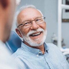 Close up portrait of a happy elderly man at the dentist