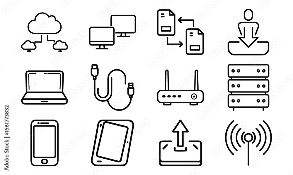 Poster technology and network icon set with cloud server laptop router and data (23)