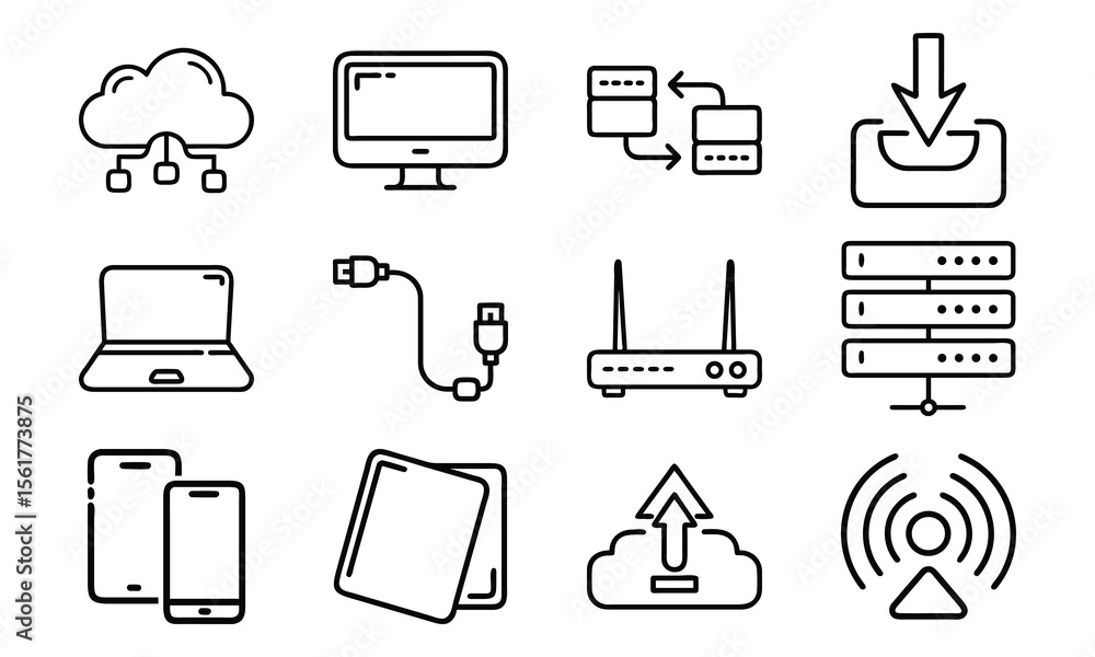Poster technology and network icon set with cloud server laptop router and data (21)