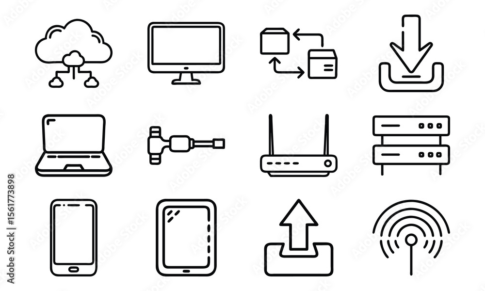 Poster technology and network icon set with cloud server laptop router and data (20)