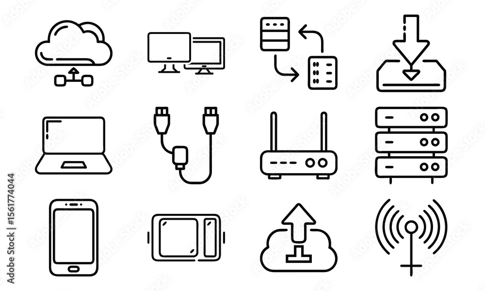 Poster technology and network icon set with cloud server laptop router and data (10)