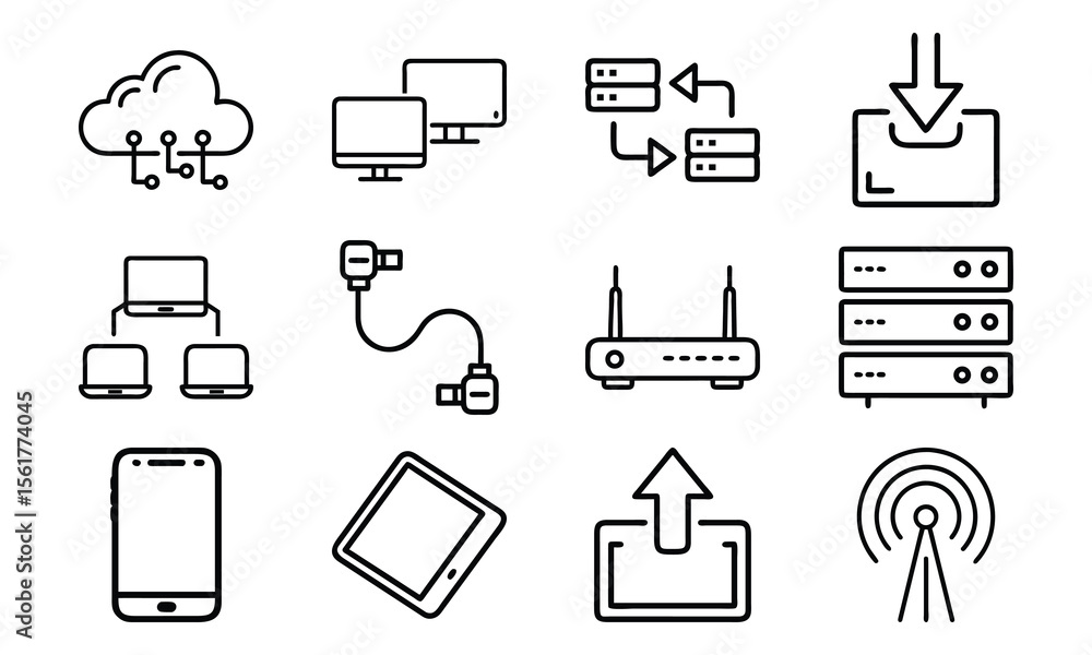 Poster technology and network icon set with cloud server laptop router and data (11)