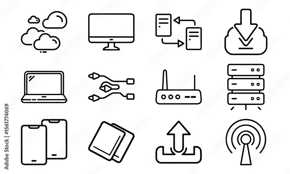Poster technology and network icon set with cloud server laptop router and data (8)