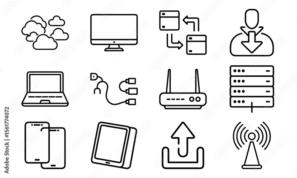 Aufkleber technology and network icon set with cloud server laptop router and data (9)