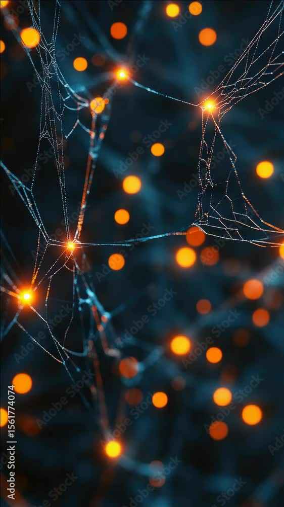 Aufkleber a close up of a spider web with many orange lights. the web is blue and the lights are glowing brigh