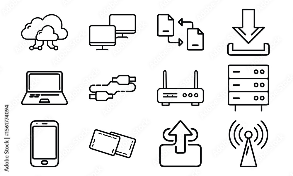 Poster technology and network icon set with cloud server laptop router and data (7)