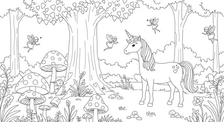 Fototapeta premium Enchanted Unicorn in a Magical Forest A Coloring Page