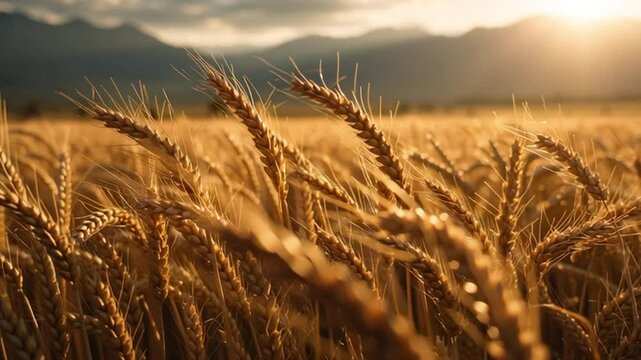 Campo de trigo dorado  illuminado por la luz del atardecer con fondo de monta&ntilde;as