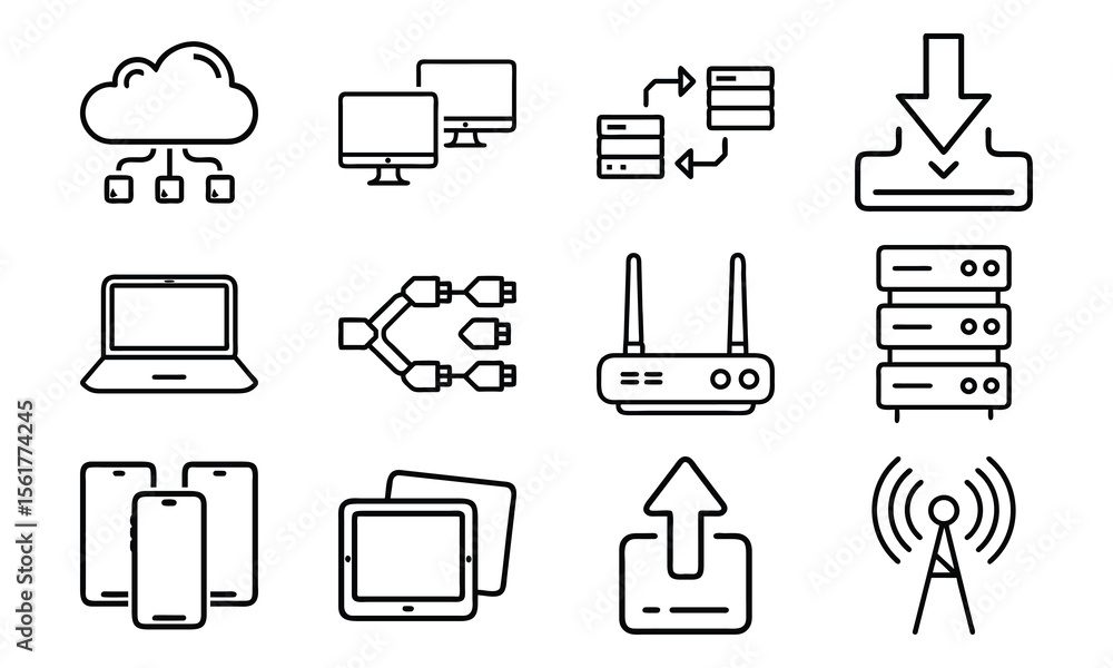 Poster technology and network icon set with cloud server laptop router and data (1)