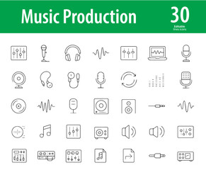 Music Production Line Icons, Audio Mixer, Headphones, Microphone, Sound Waves, Studio Monitor, Recording, Editing Software, and More, Editable Formats: AI, EPS, JPG, PNG, Ideal for Both Digital