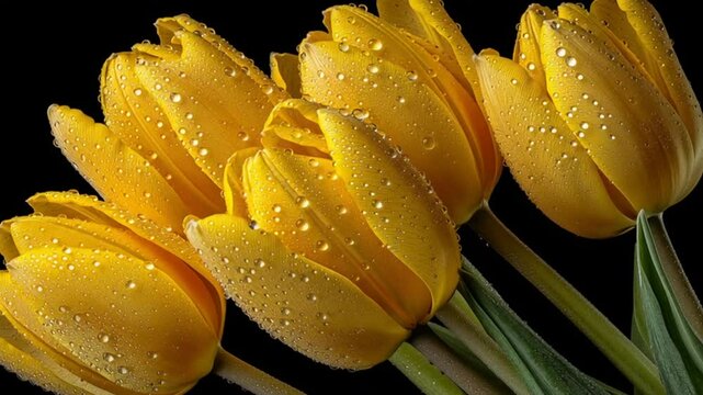 tulipanes amarillos abriendo sus petalos sobre fondo negro