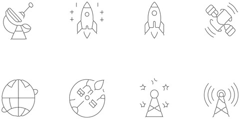 Modern tecnology of icon set about to satelite and space connection with communication futuristic design, black line icon set of design and art related to join connection.