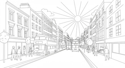 Obraz premium Sunlit City Street Line Drawing of Urban Architecture and Transportation