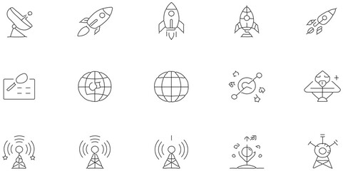 Modern tecnology of icon set about to satelite and space connection with communication futuristic design, black line icon set of design and art related to join connection.