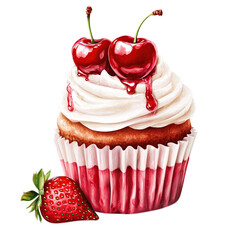 cupcake with cherry isolated on transparent background, clipping path, png file, 