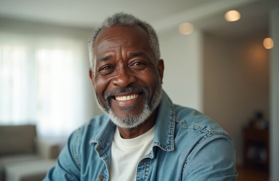 Happy senior black man smiling at camera in room. Elderly African American guy with grey hair and beard. Confident senior portrait, healthy lifestyle, retirement concept.