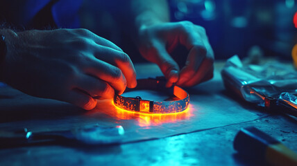 Crafting Innovation: A craftsman meticulously works on a glowing bracelet, illuminated by a captivating radiant light, signifying the fusion of artistry and modern ingenuity.