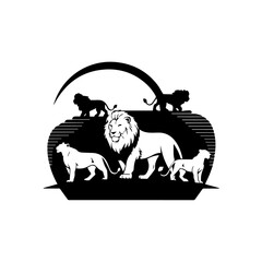 Stylized black-and-white vector illustrations of lion families under crescent moons, set against a striped, semi-circular horizon. The designs highlight themes of strength, unity, and nocturnal wildli