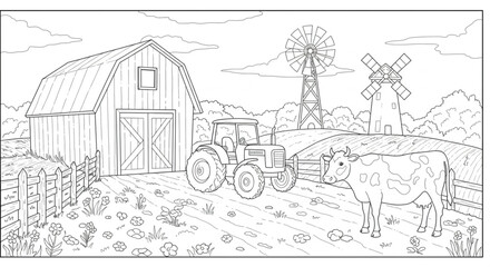 Obraz premium Farm Scene Coloring Page Barn, Tractor, Cow, Windmill