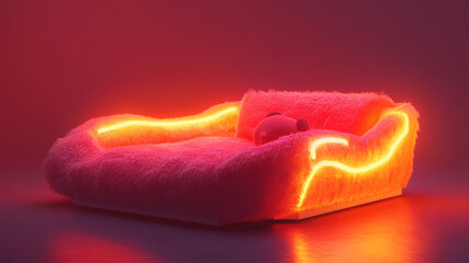 Glowing Comfort: A plush, neon-lit pet bed, radiating warmth and comfort, perfect for a cozy haven for your furry companion.
