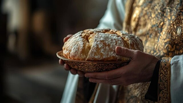 Historical bread served in a hand-held wooden basket; set against the backdrop of renaissance period costume and baking tradition.