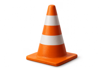 Orange and white traffic cone signaling caution on transparent background