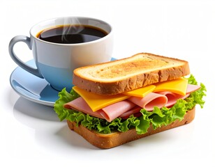 3D icon of an open-faced sandwich with sliced ham, cheddar cheese, lettuce, and tomato on toasted bread, paired with a steaming cup of black coffee on a clean white background, hyper-detailed food